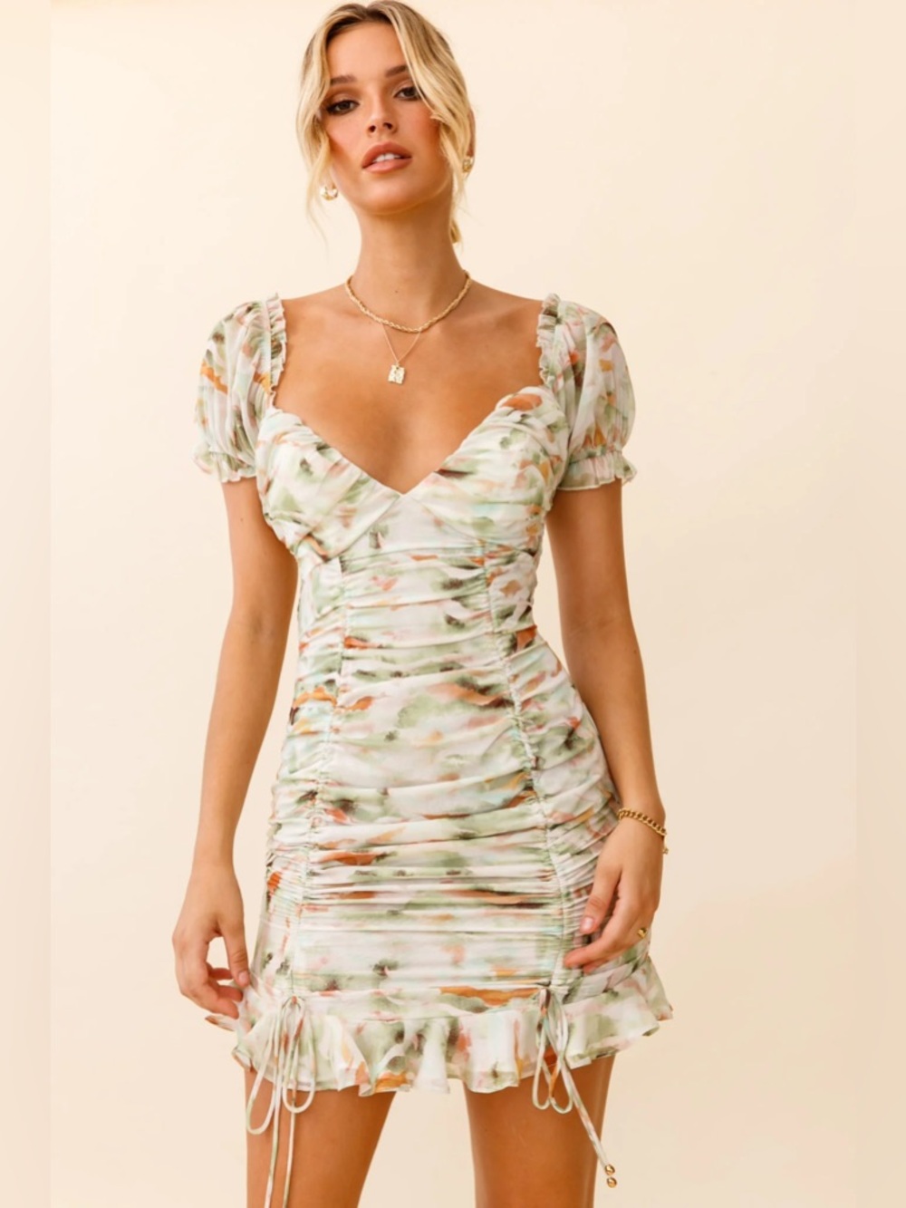 Selfie Leslee Serena Puff Sleeve Ruched Detail Dress Watercolor Print Green L